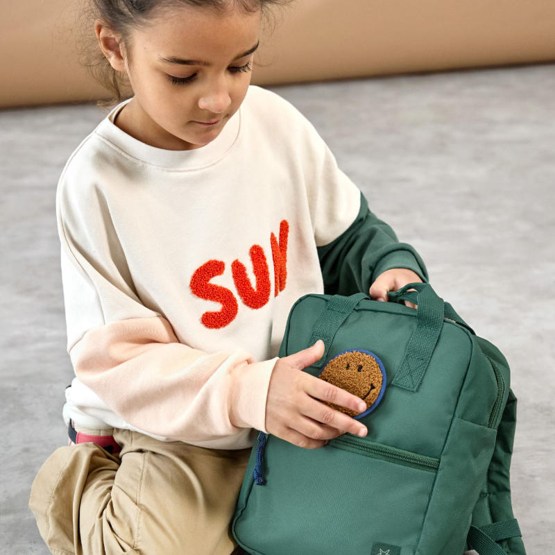 Rucksack, grün, Kinder, Smiley-Patch, Reißverschlusstasche