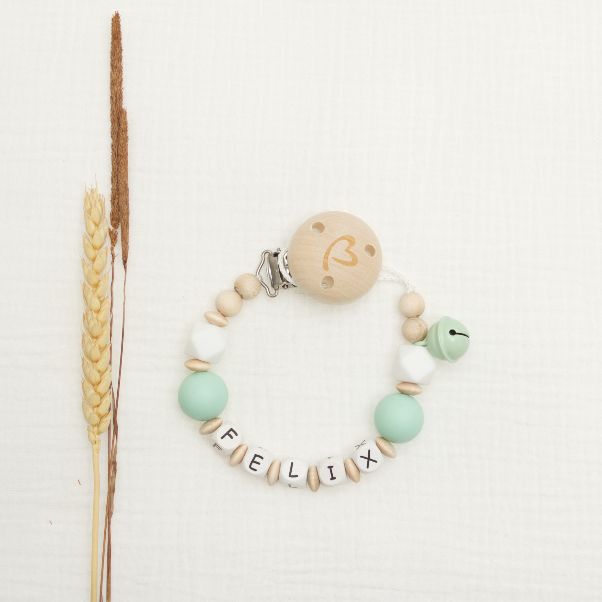 Schnullerkette, Babyspielzeug, Holz, Mint, Buchstaben