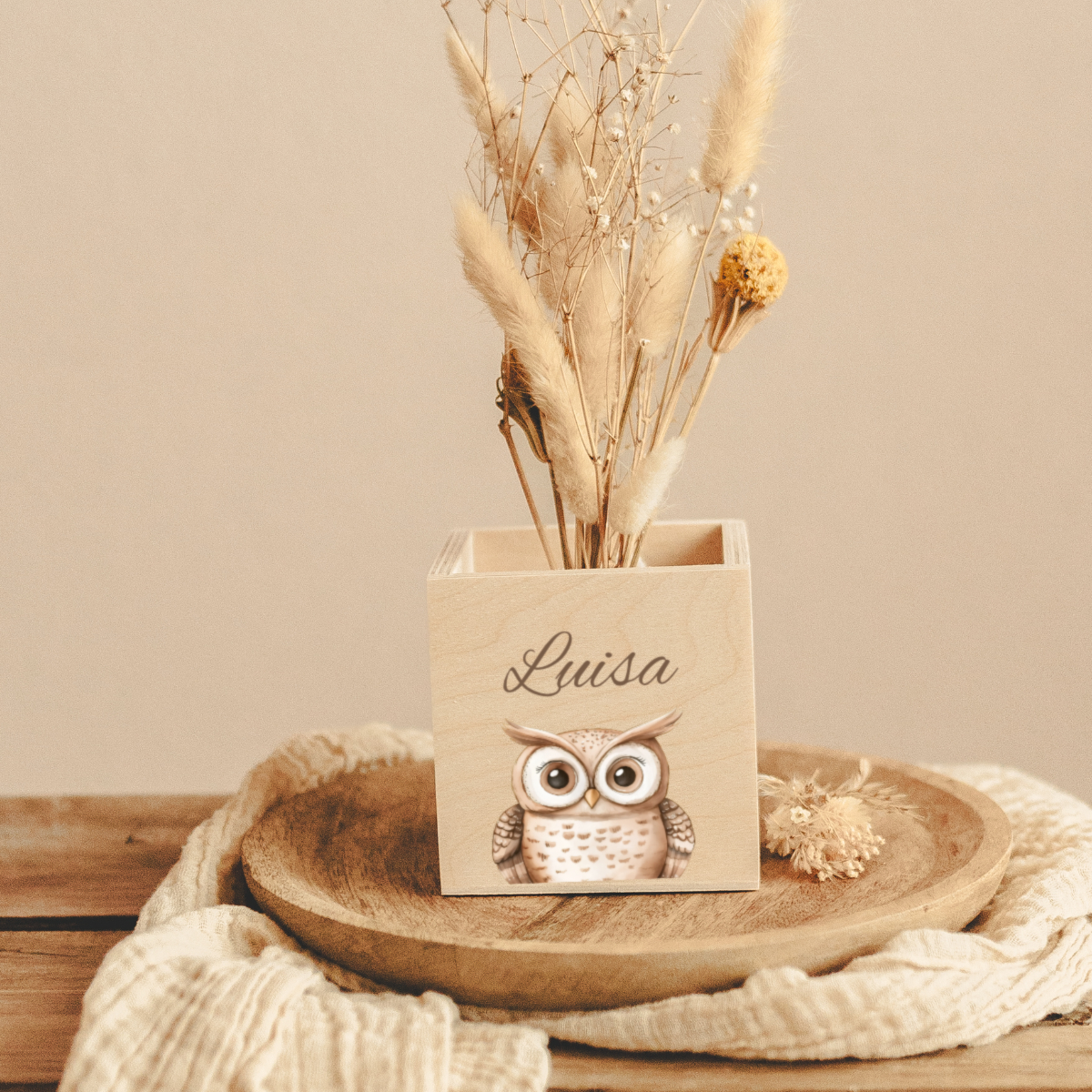 holzbox, name, eulenillustration, taupe, vaseninhalt