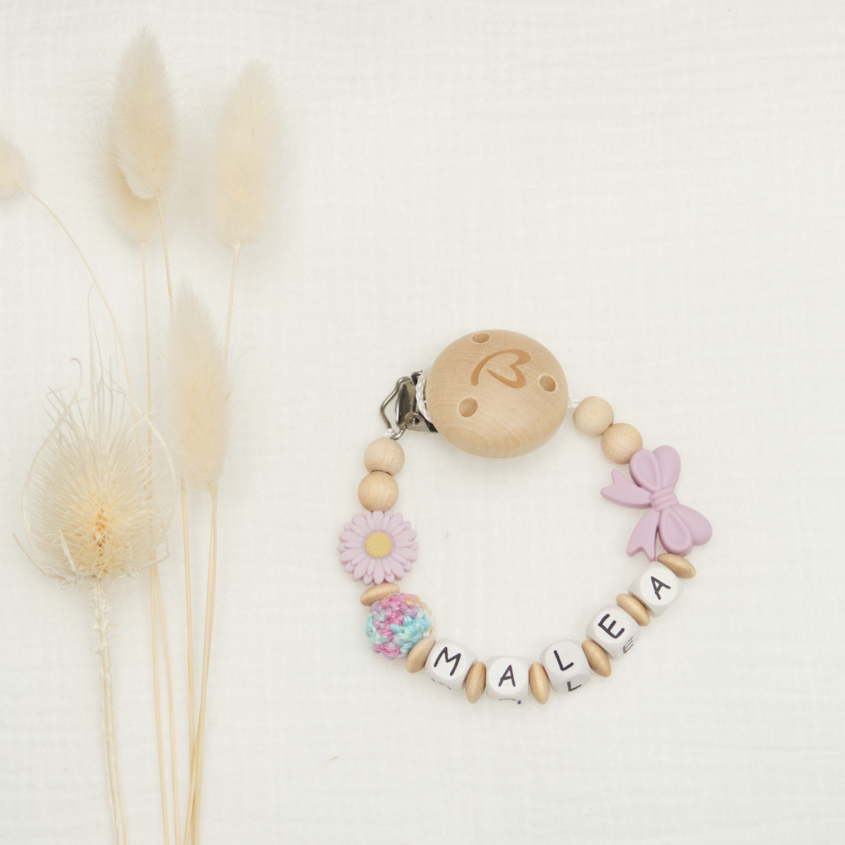 Baby-Armband, Perlen, Holzperle, rosa Schleife, Buchstabenperlen