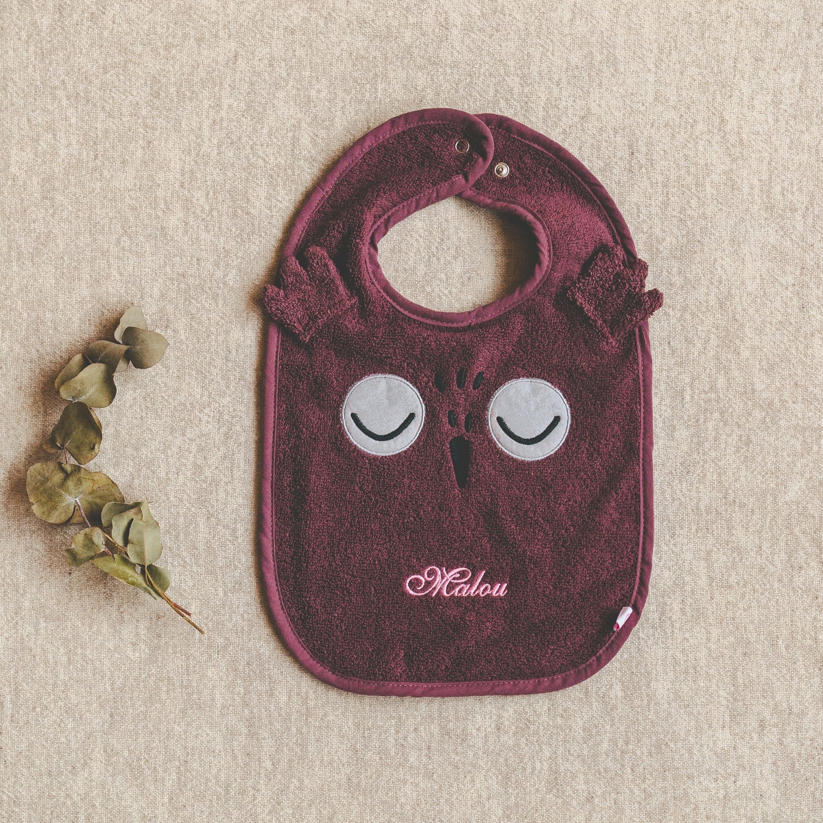 baby bib, Eulen-Design, Stoff-Lätzchen, weinrot, weiches Frottee