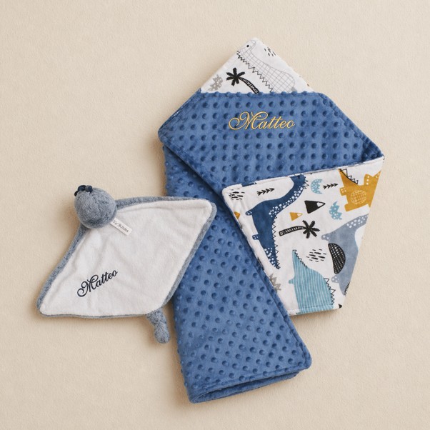 Babydecke, Minkplüsch, blaue Decke, Dino-Muster, weiche Spielset