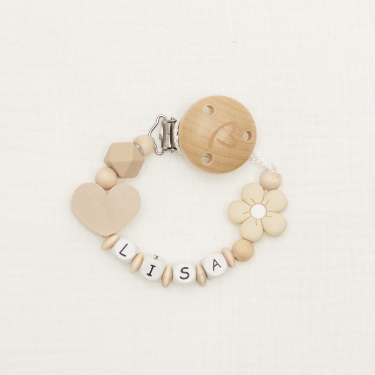 Baby-Armband, Holzperlen, Buchstabenperlen, Herz-Anhänger, Blumenanhänger