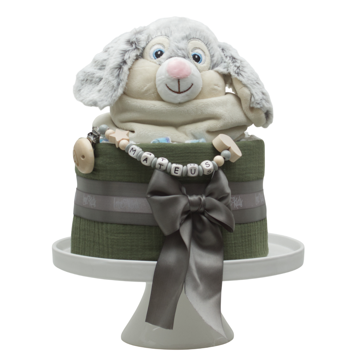 Teddy Hase, Stofftier-Hase, Grün-Grau, Holzperlenkette, Geschenkdekoration