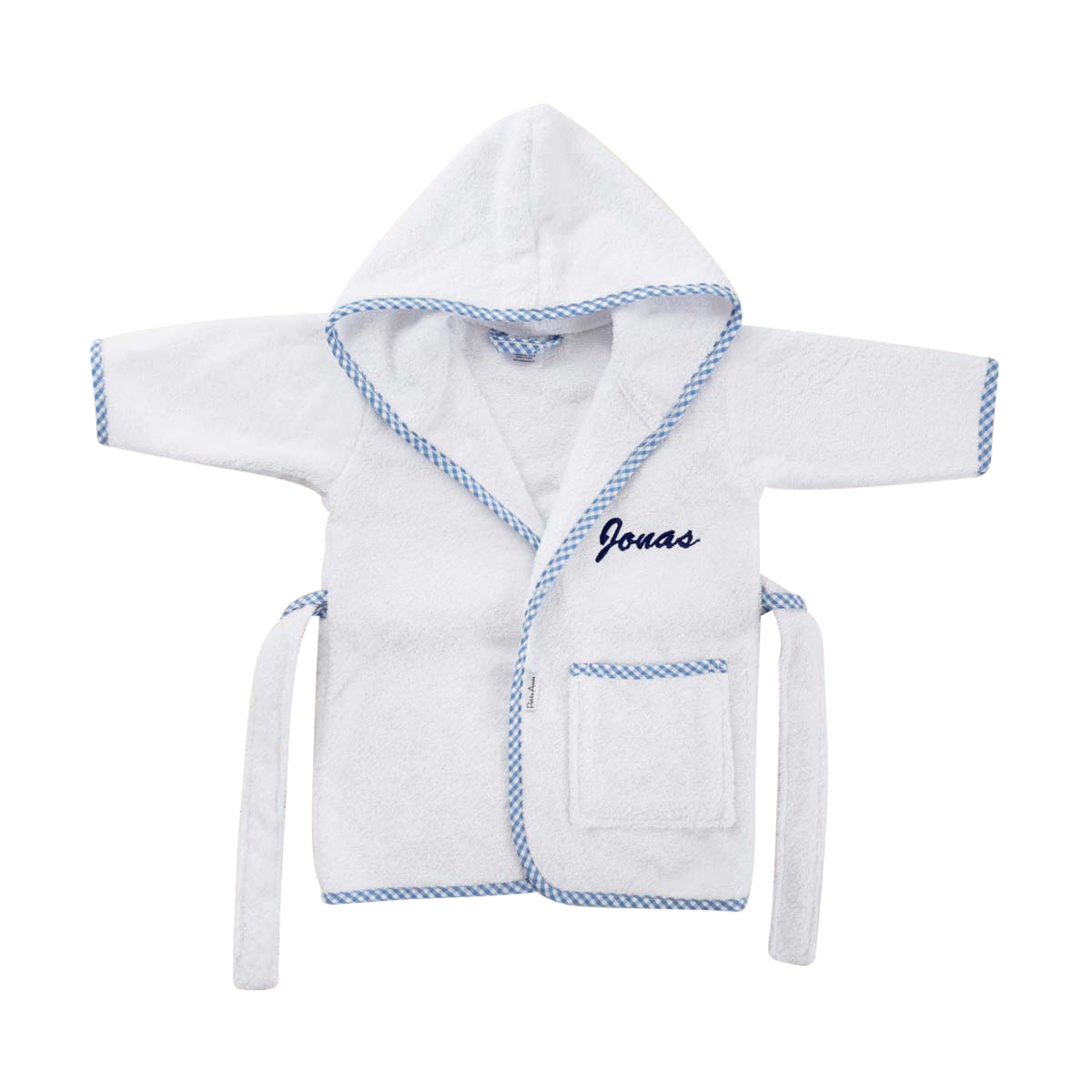 Baby-Robe, Gehäkelte Kapuze?, Kleinkind-Bademantel, Weißer Frottee, Blaues Paspel