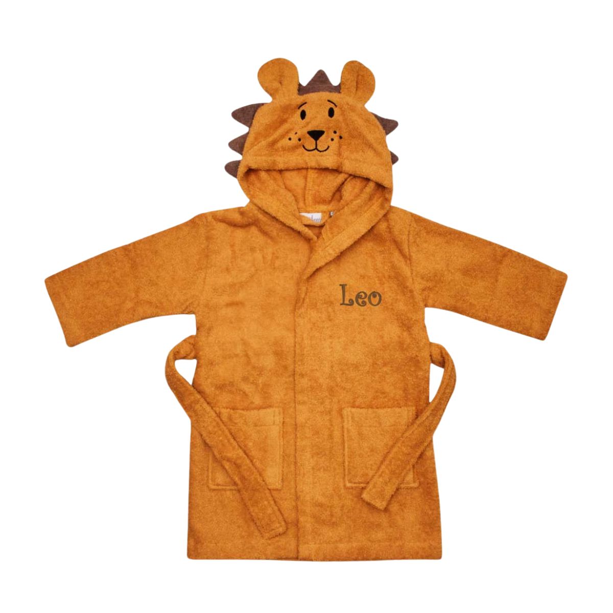 Kinderbademantel, Löwe Motiv, Kapuze, Gürtel, Orange