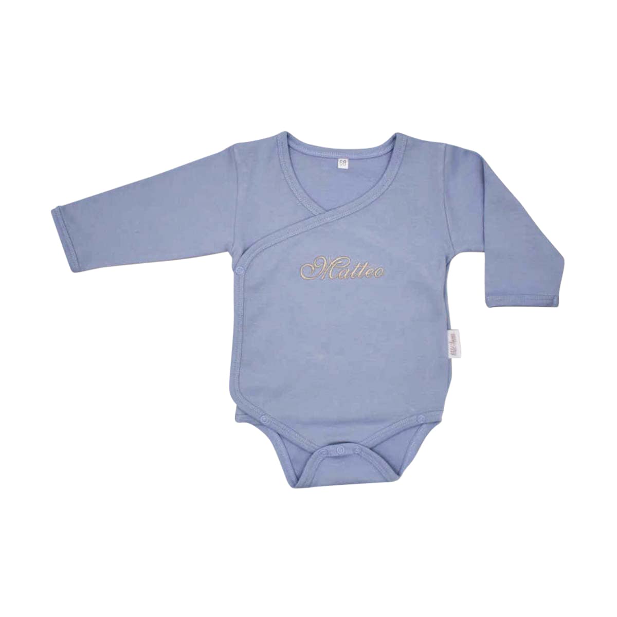Baby-Bodysuit, Langarm, Blau, Wickelanordnung, Gold-Stickerei