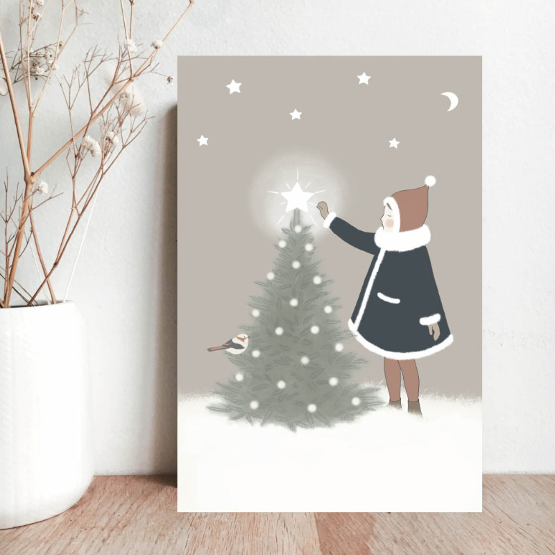 weihnachtskarte, weihnachtsbaum, winter, kleid, kind mit hut