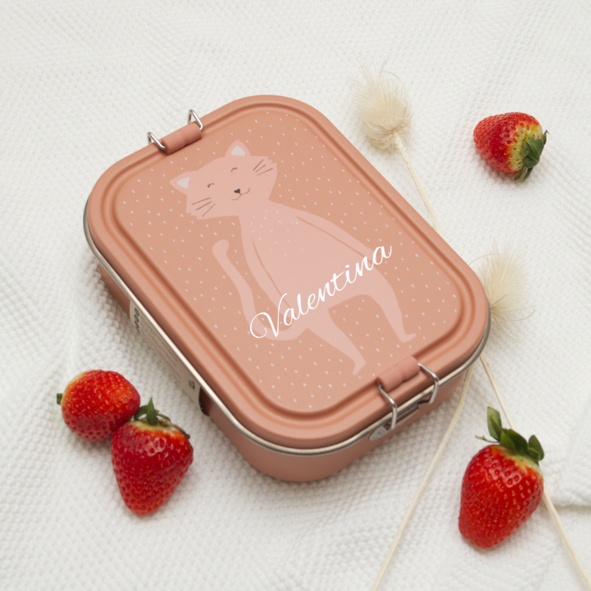 Lunchbox, Katze Illustration, Pfirsichrosa, Metallverschluss, Erdbeer-Accessoire