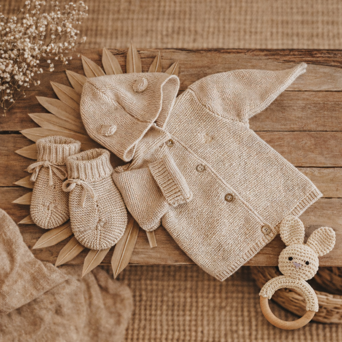 Babyoutfit, GehäkelteJacke, GehäkelteSchühchen, Holzrattle, NeutraleFarbe
