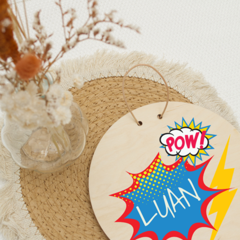 wooden tag, pop art, comic, blue label, round tag