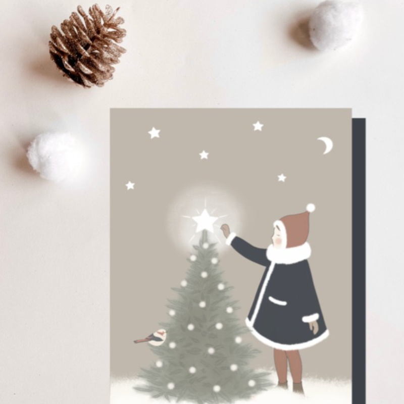 Weihnachtskarte, Weihnachtsbaum, Pinguin, Wintermotiv, Sternenmond