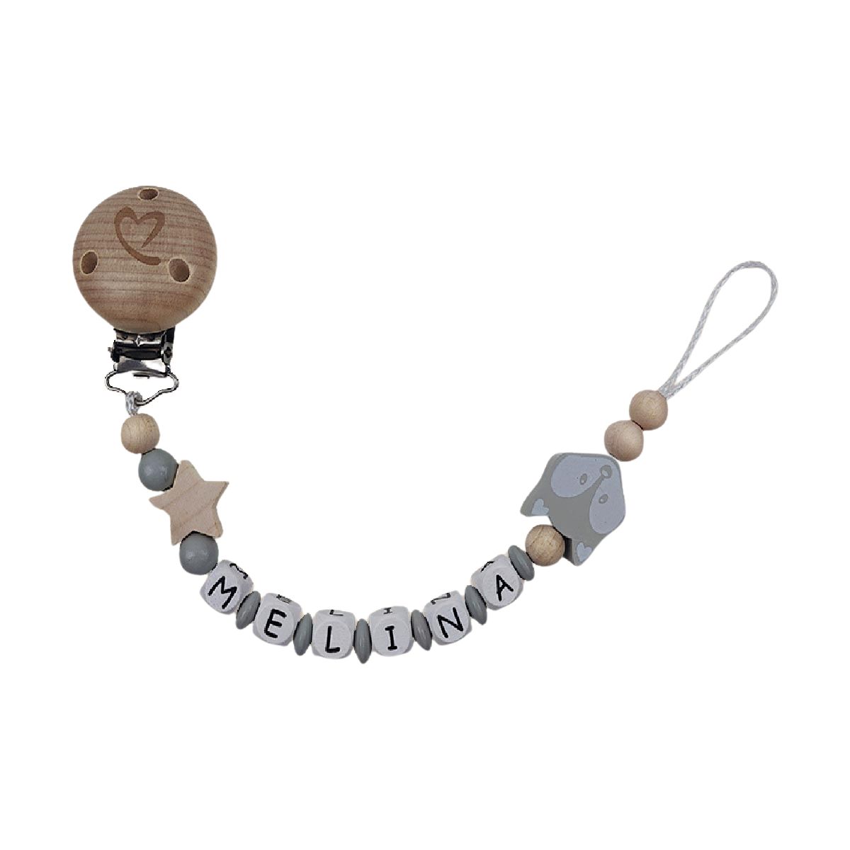 kuschelschnuller, baby bead chain, holz, grau, namenskette