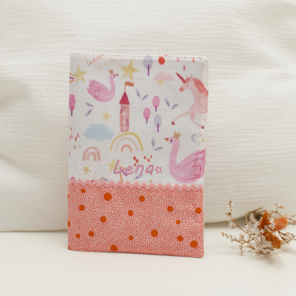 Kinder-Notizbuch, Unicornen-Motiv, rosa, Punkte Muster, Aufmachen-Tasche