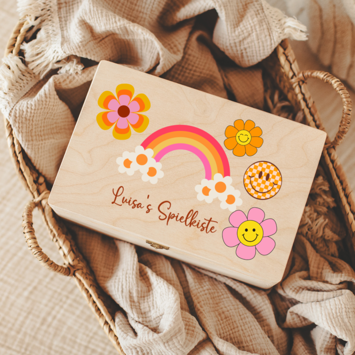 Holzbox, Kinderbox, Rainbow, Blumen, Glückskleeblatt
