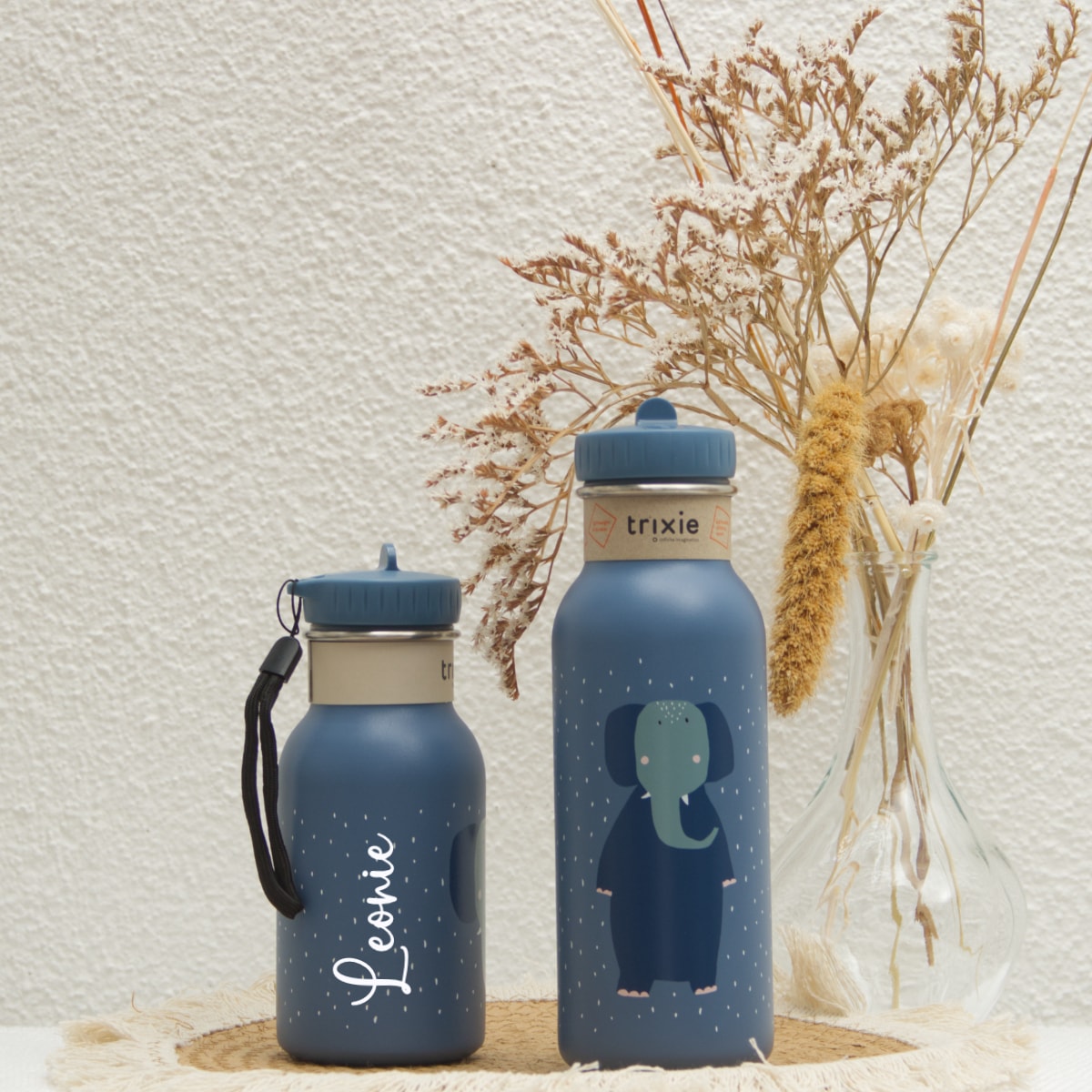 Wasserflasche, Trinkflasche, Elefanten-Design, blau, Matte Oberfläche
