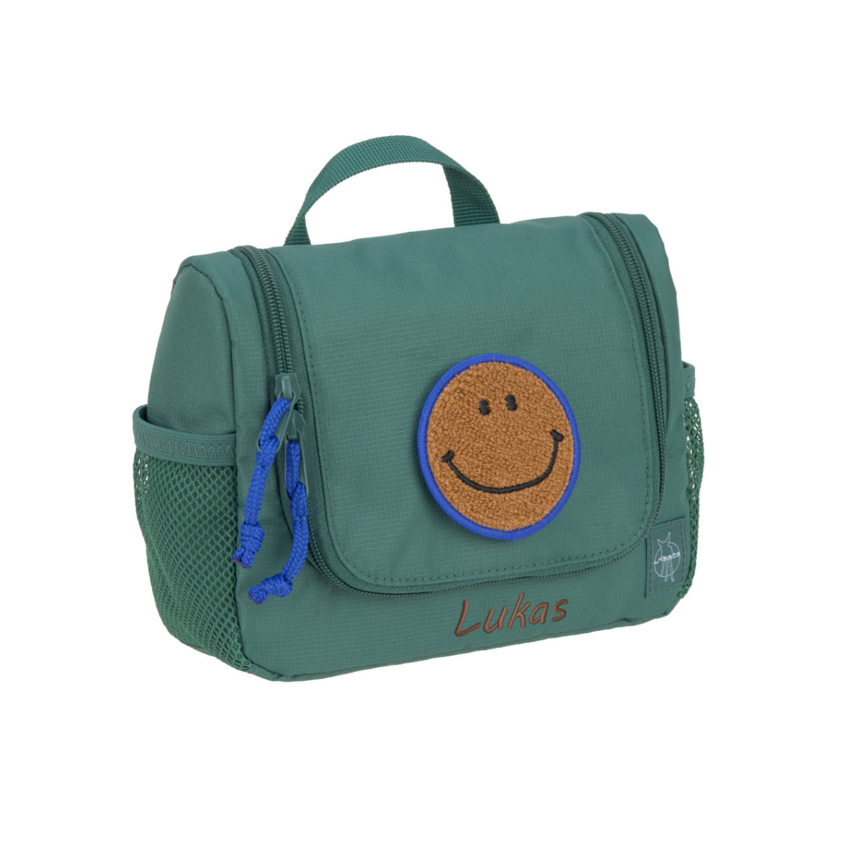 Lunchbeutel, Kinder Rucksack, Smiley-Patch, grüner Beutel, personalisierter Name Lukas