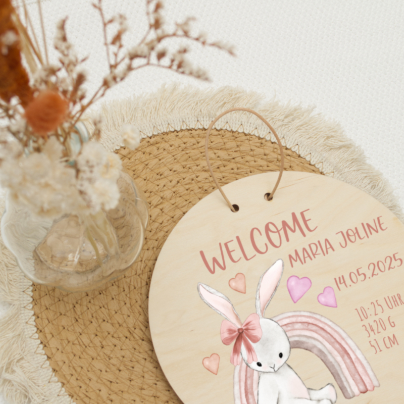 Willkommenskarte, Holzschild, Deko-Schild, Baby-Deko, Rainbow-Motiv