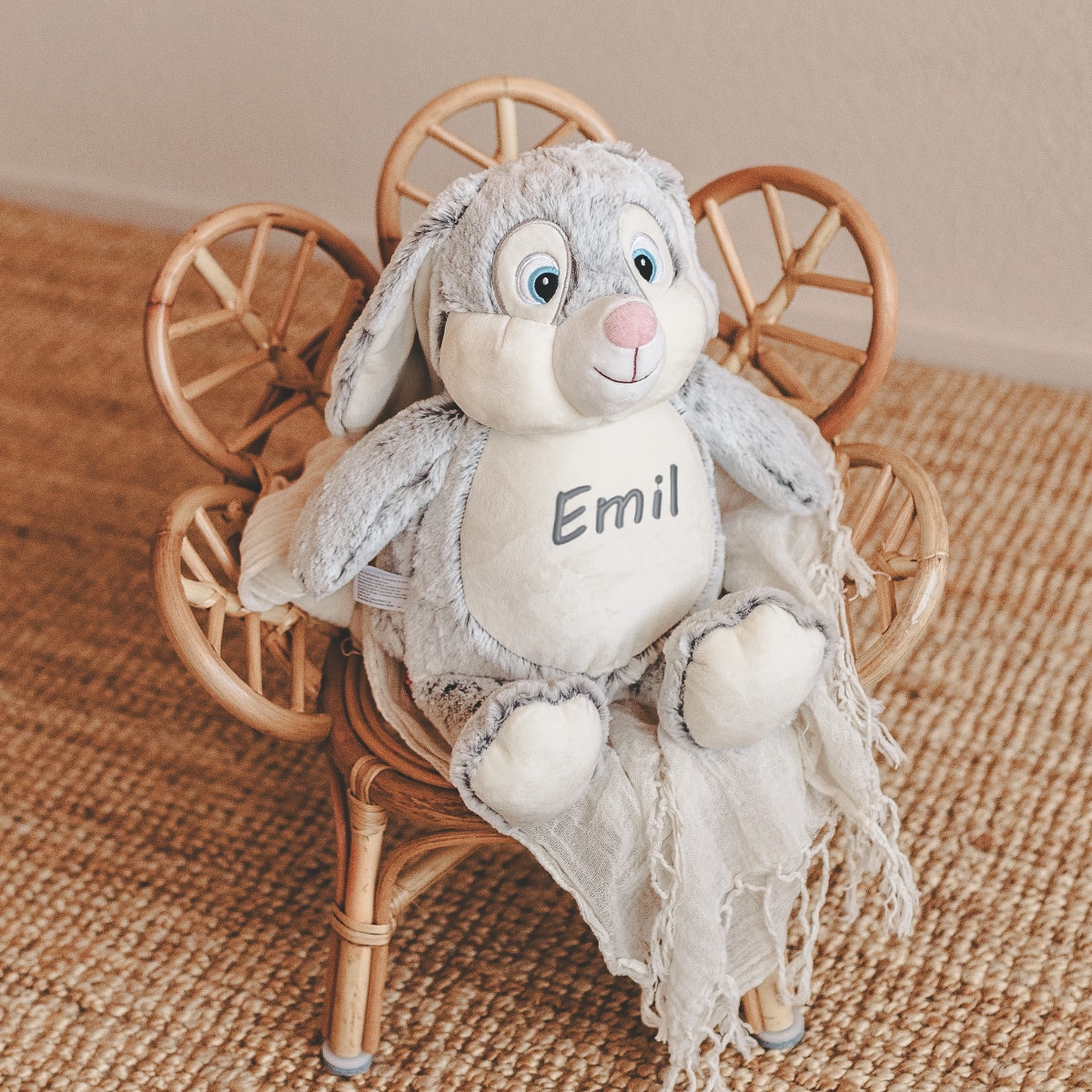 Plüschtier, Hase, Kinderdeko, grau, Personalisierbar