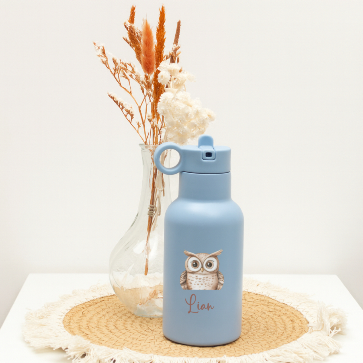 Wasserflasche, blaue Flasche, Eulenmotiv, personalisiert, Plastik?