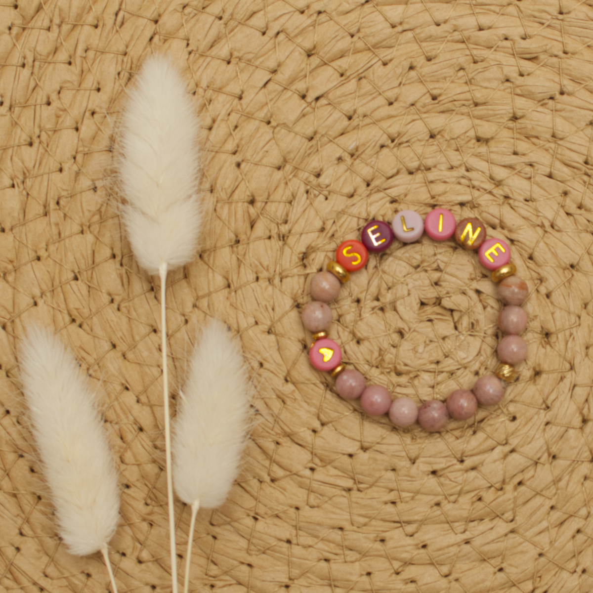 Armband, Perlen, Rosa, Holz, Buchstaben