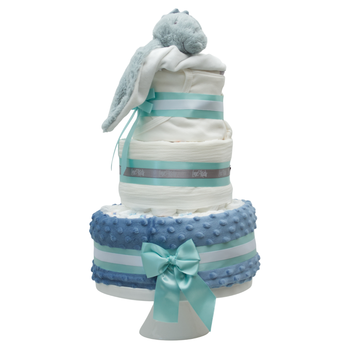 Baby shower cake, Blue cake, Stacked cake, Fondant ribbon, Bunny topper