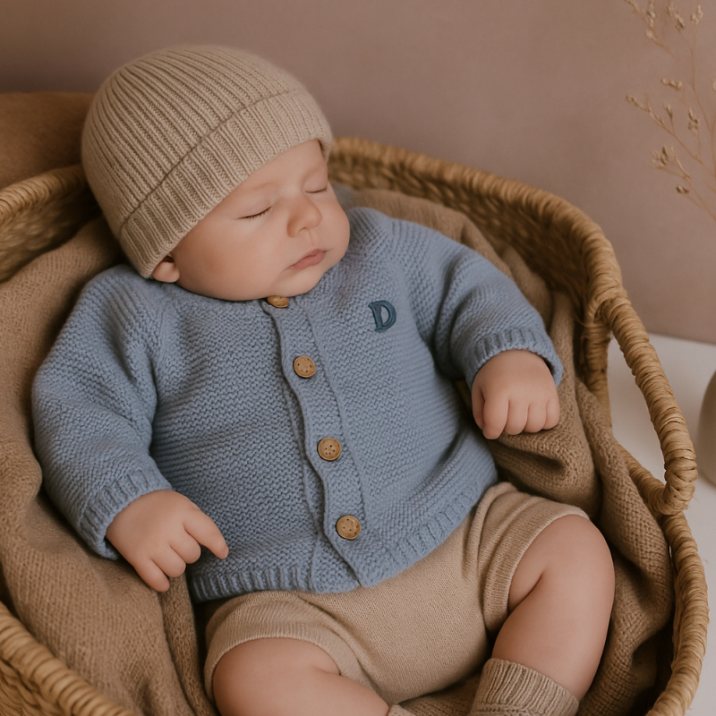 Baby, Säugling, Strickcardigan, blaues Cardigan, Mütze, neutrale Farbtöne
