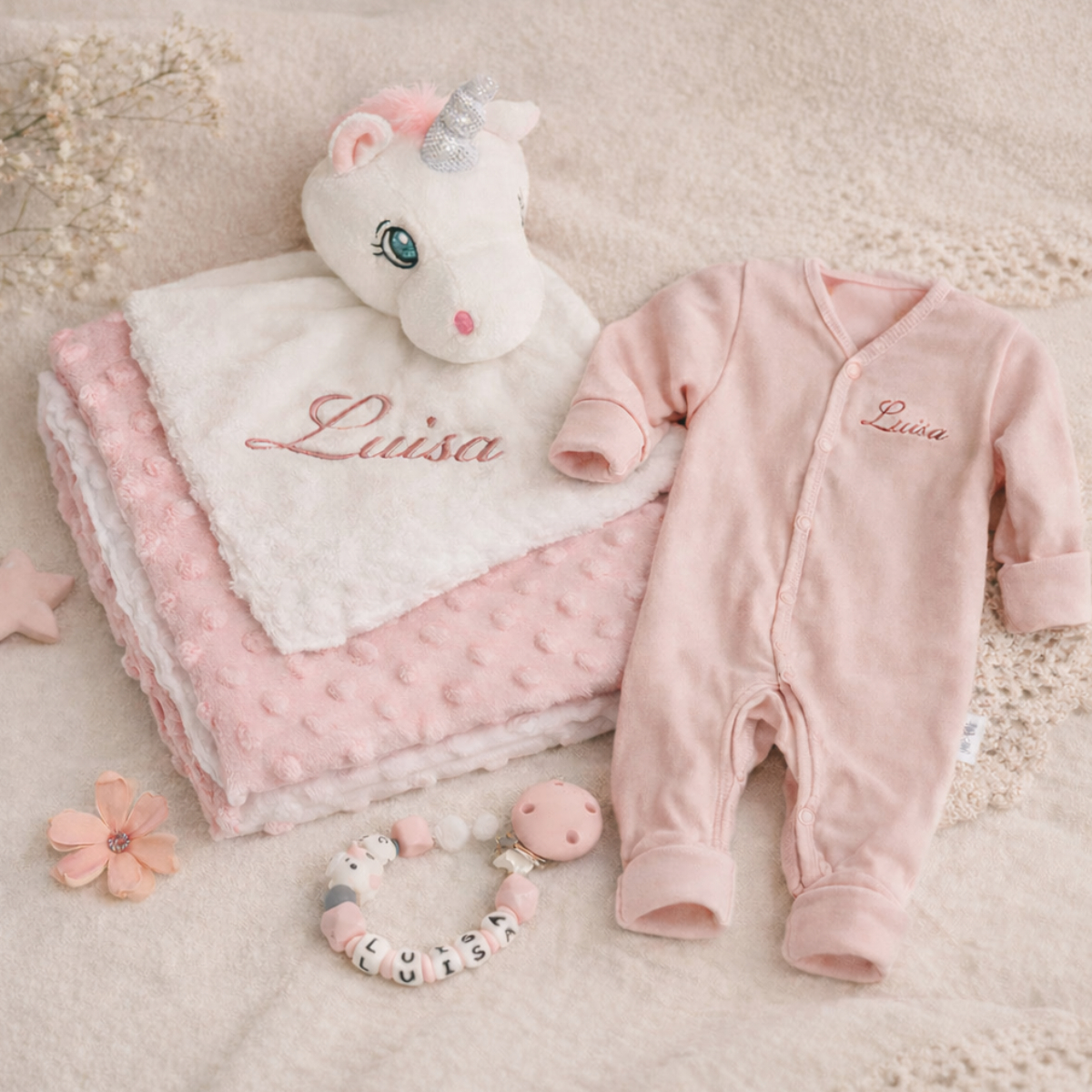 Babydecke, Einhorn-Plüschtier, Schlafsack, Rosa Overall, Perlen-Schnullerkette