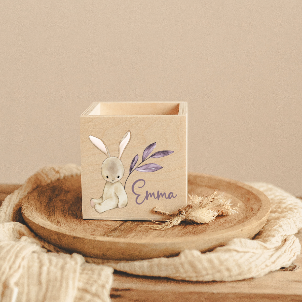 holzbox, Hase, Emma, Blätterzweig, Deko