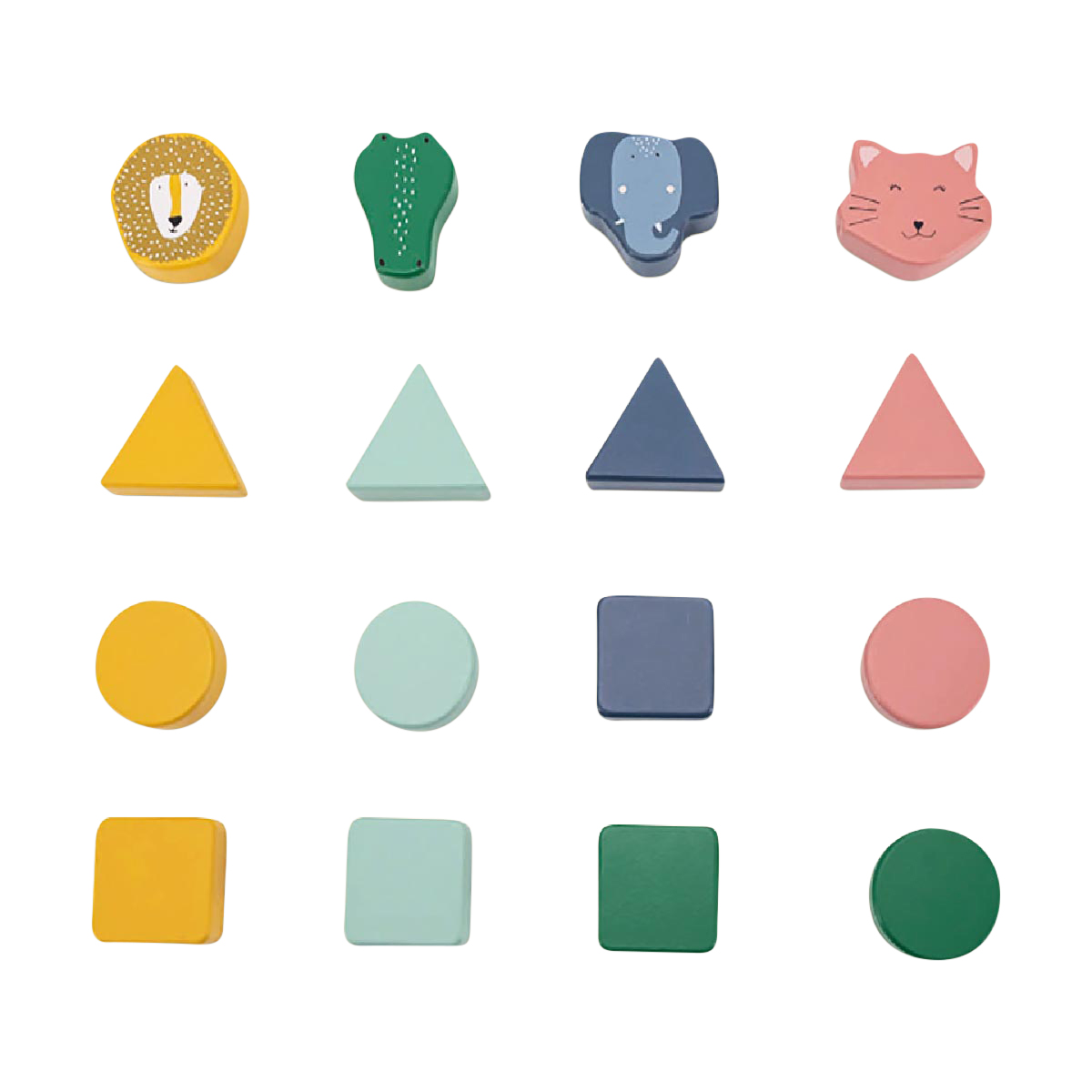 bunte formensets, bausteine, kacheln, tierfigur, dreiecke