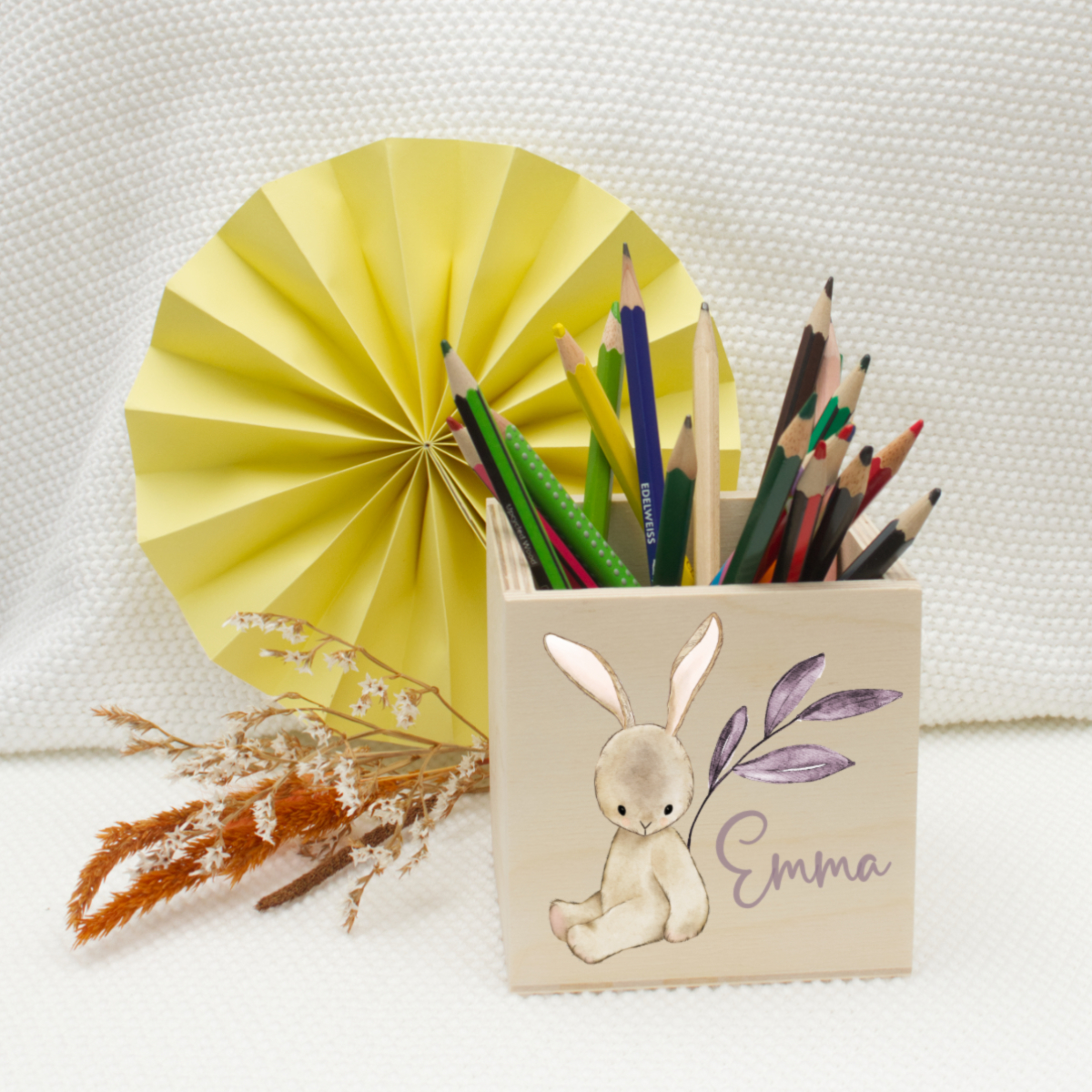 Schreibtischorganisation, Kunstbox, Buntstifte, Hase Motiv, Personalisierte Geschenkbox