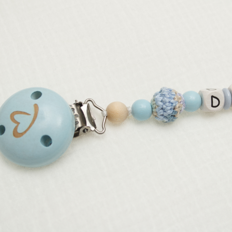 baby, pacifier clip, blue, perlen, gebunden
