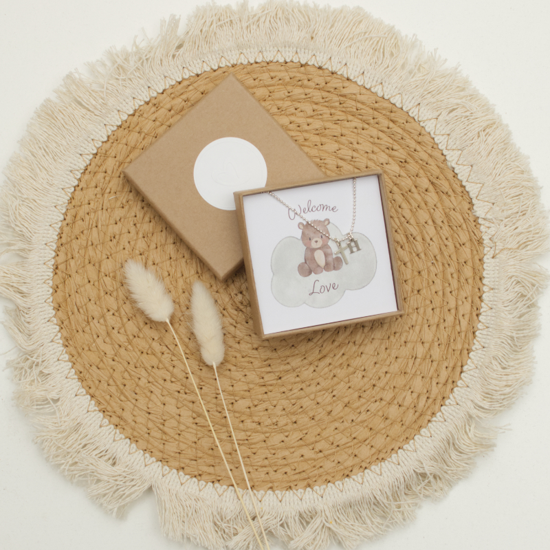 teddy, necklace, cloud pendant, gift box, woven placemat