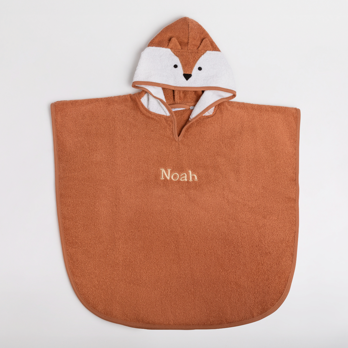 Kinder-Poncho, Kapuzentuch, Fuchs-Design, terrakotta-braun, personalisierter Name