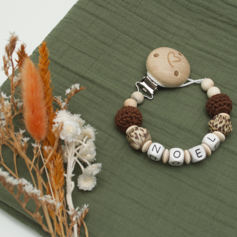 baby teething bracelet, wooden clip, beads, noel, leopard pattern beads