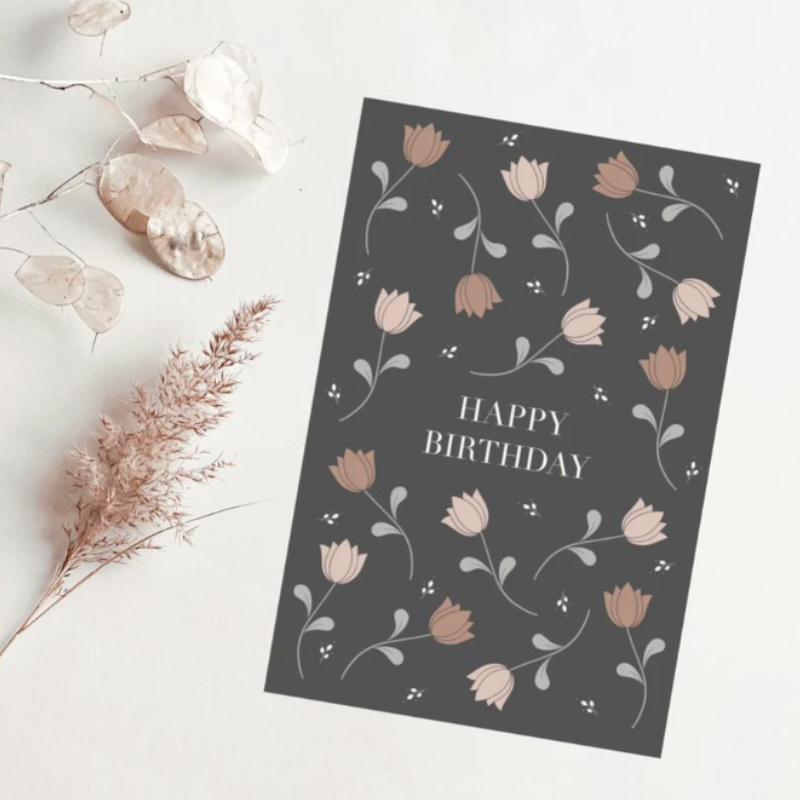 karte, geburtstag, blumen, grau, rosefarben