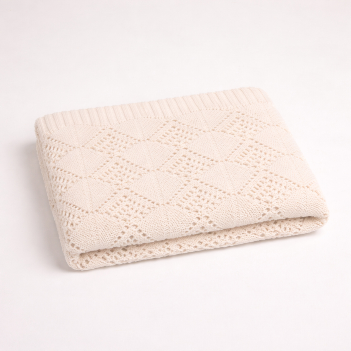 Knit blanket, Lace pattern, Cream color, Soft texture, Crochet edge