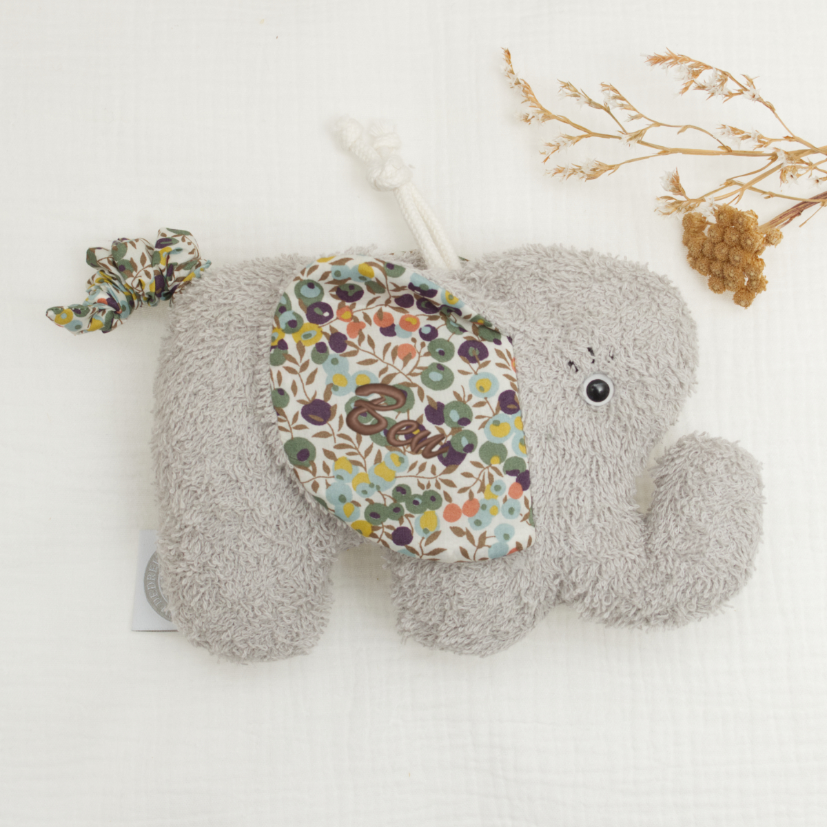 Elephant plush, Gray plush, Soft toy, Floral patch, Rattle accessory