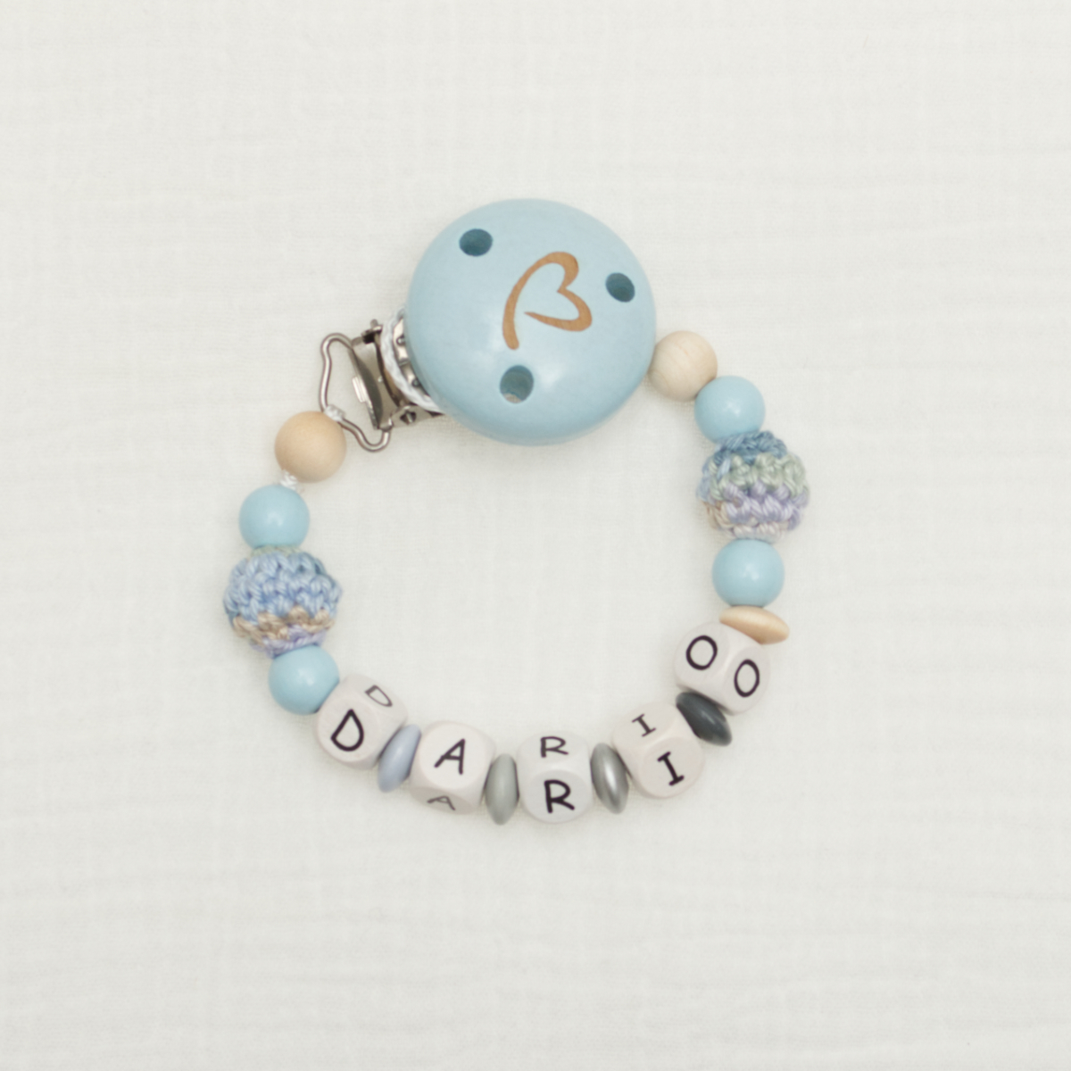 Schnullerkette, Babyarmband, Holzperlen, Blau, Personalisierte Buchstaben