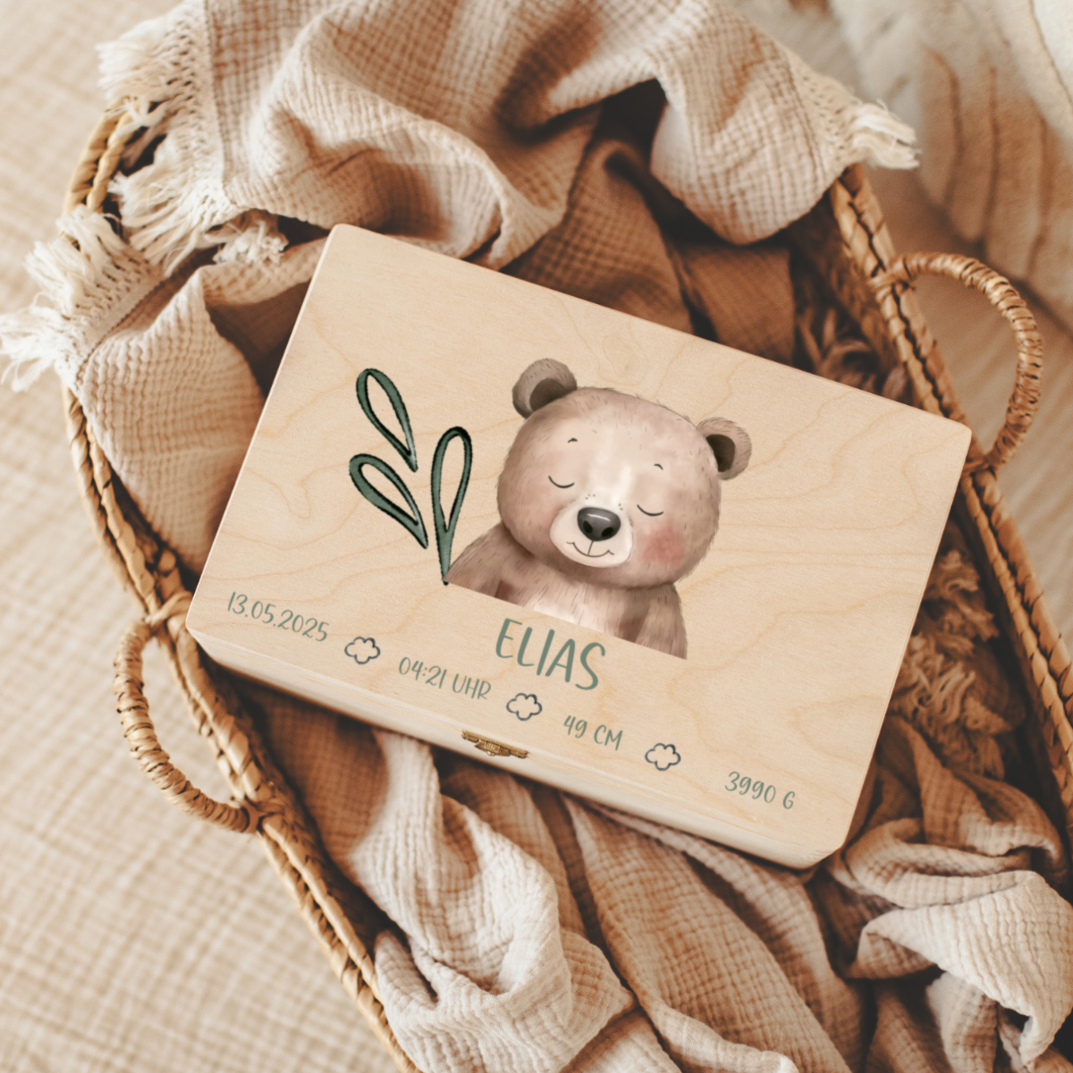 Holzbox, Babygeschenk, Geburtsbox, Holzmaterial, Teddy-Motiv