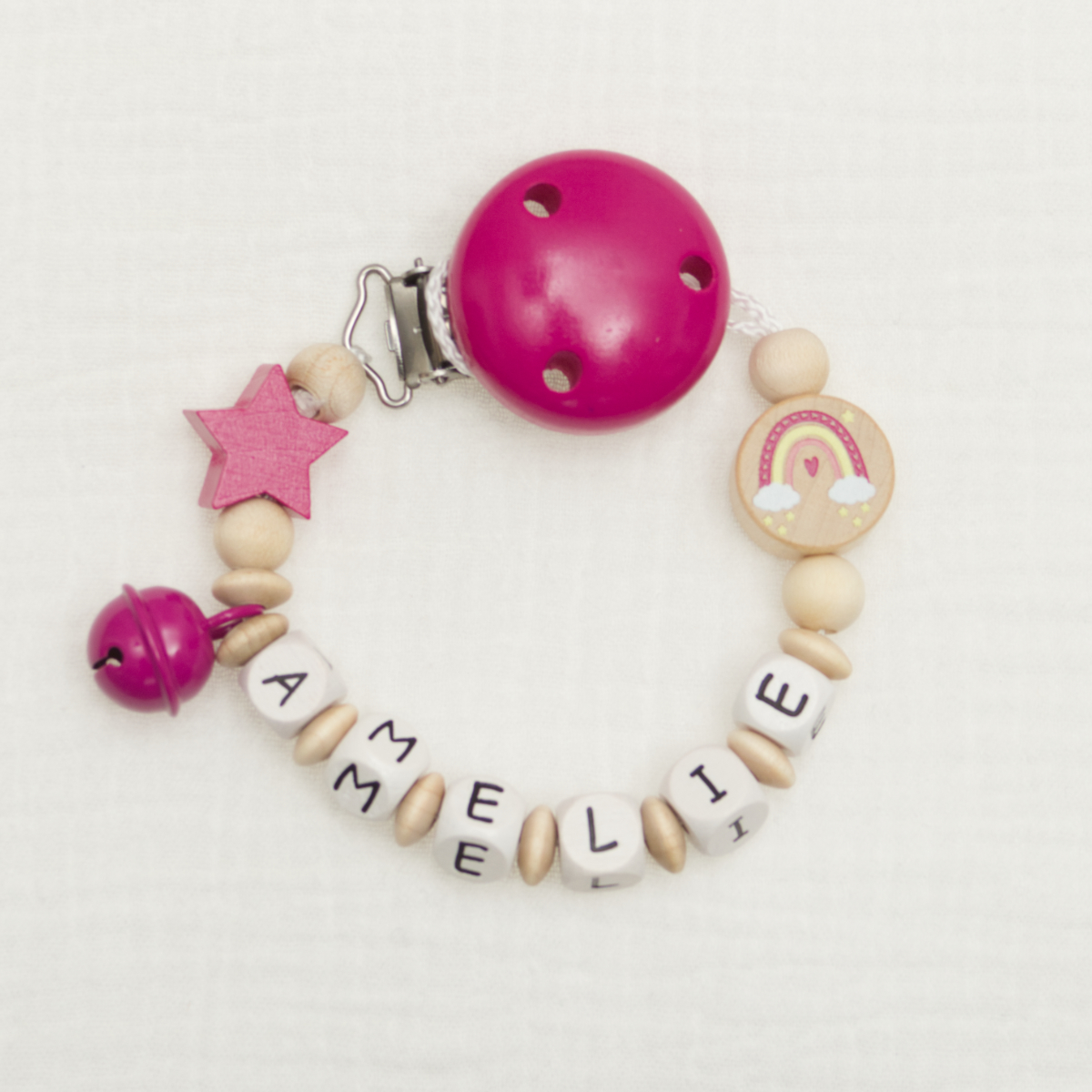 Babyschmuck, Beißring, Holzperlen, Rosa, Namensketten