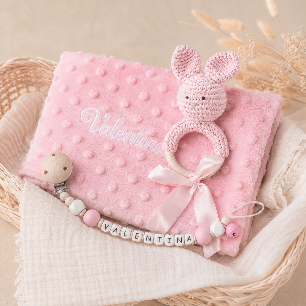Babydecke, Hase Schnuller-Ring, Rasselkette, rosa, Geschenk für Baby