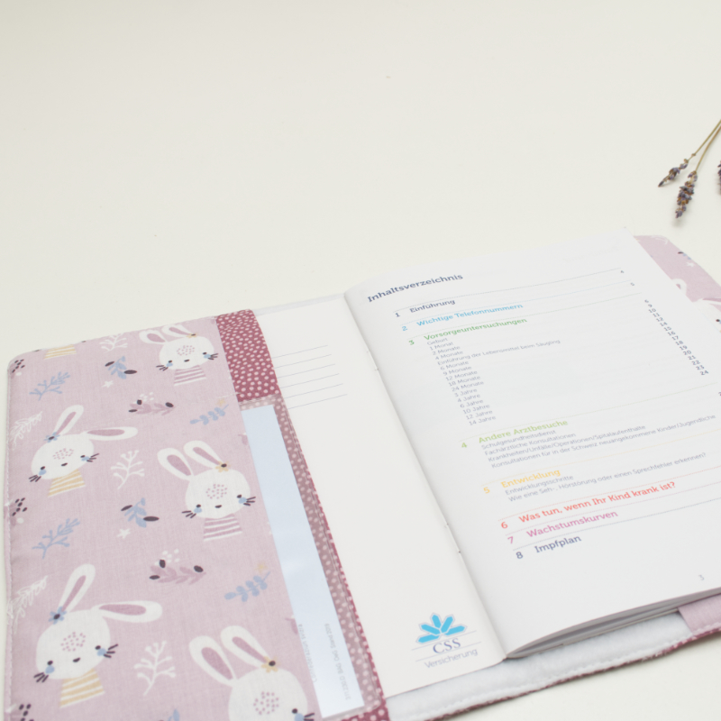 pinkes Gewebe, Häschen Muster, Kinderbuch, offenes Notizbuch, Tischdokument