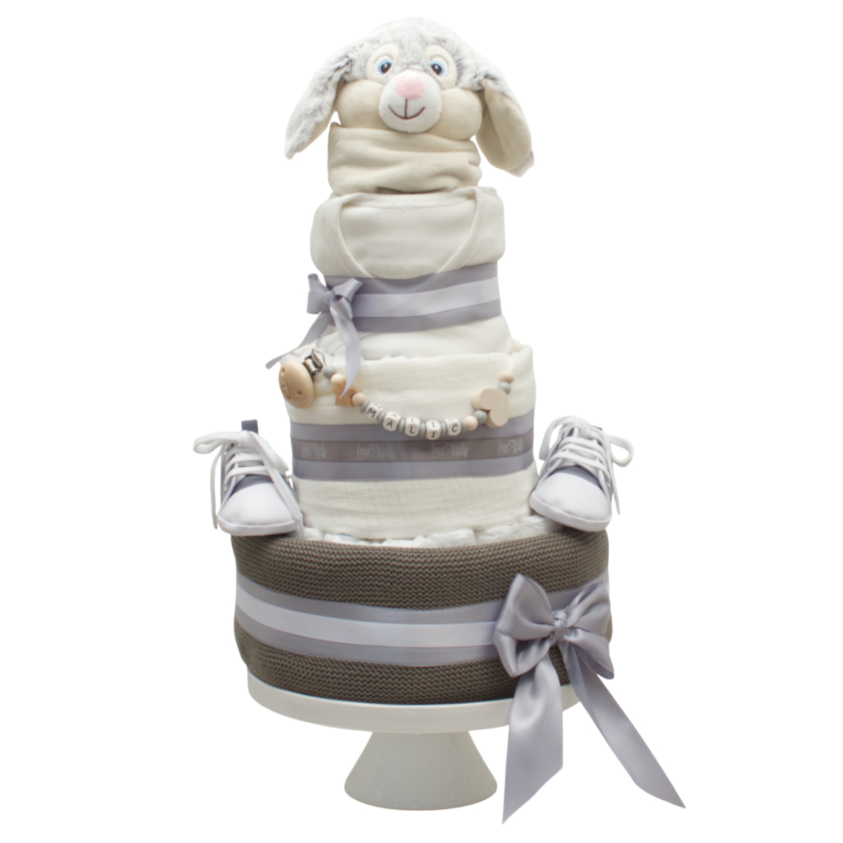 Baby-Torte, Niedliches-Plüschtier, Blau-Grau, Schuh-Deko, Stoff-Tortenkunst