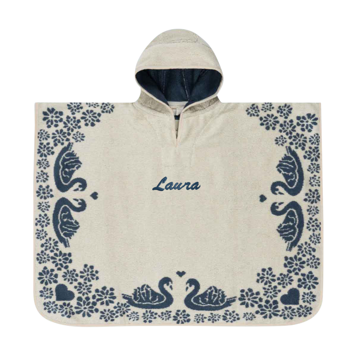 Poncho, Kapuze, Handtuch, Navy, Schwanenmotiv, Blumenmuster