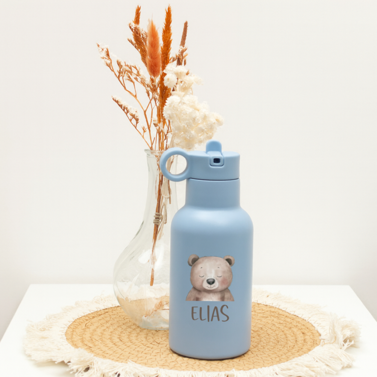 wasserflasche, Trinkflasche, blau, Tiermotiv, Elias