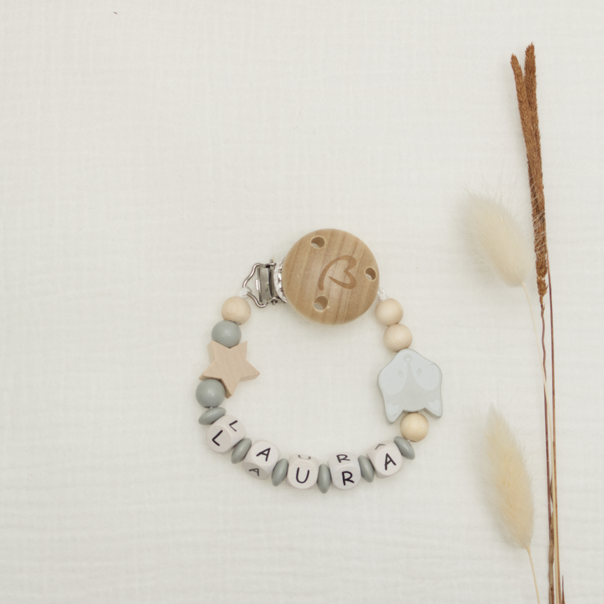 baby-armband, holzw beads, stern charm, herzverschluss, alphabet anhänger