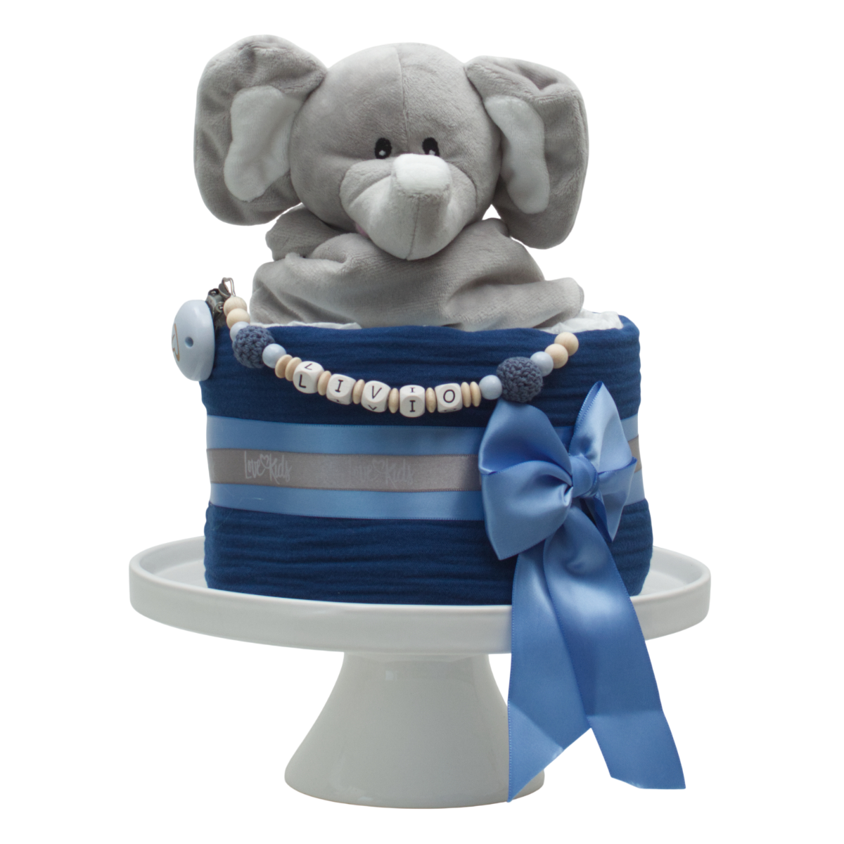 Elefanten-Plüsch, Blauer Kuchen, Baby-Shower-Kuchen, Perlenkette, Schleife