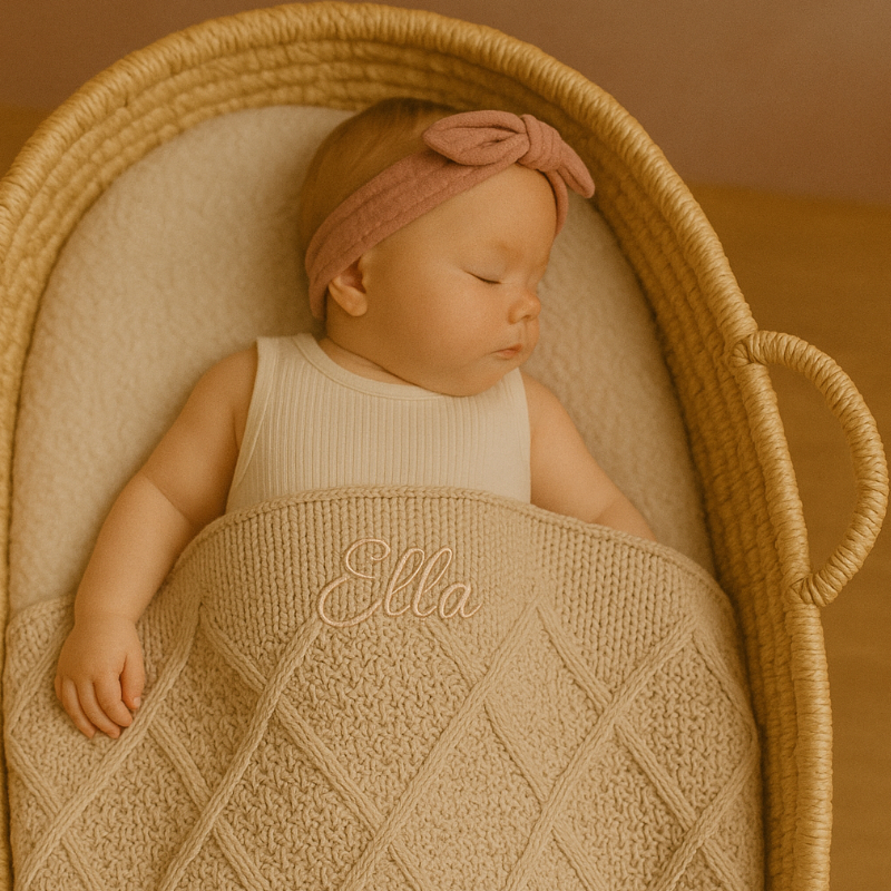 baby, babydecke, strickdecke, kopfband, geflochtener korb