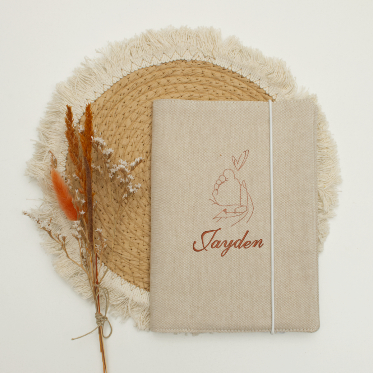 notebook, Leinen, Beige, Gummiband, personalisierbar
